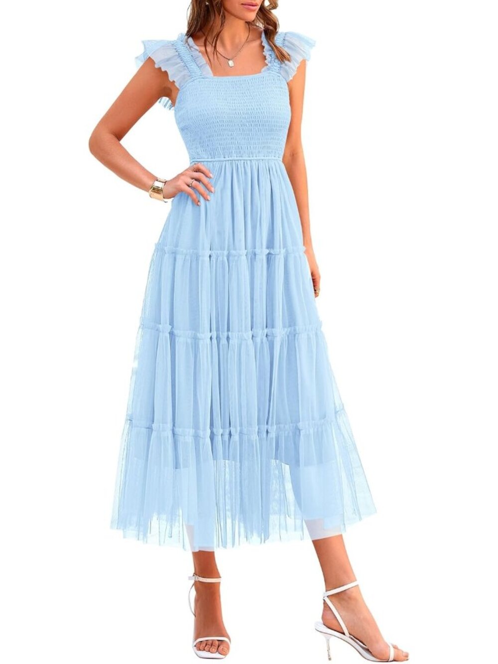 Women's Summer Midi Tulle Dress Smocked Square Neck Light Blue Ruffle Sundress